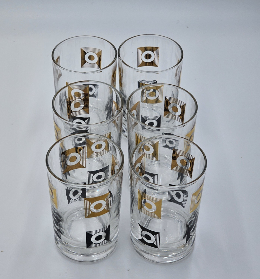 6 VTG MCM Retro Black Gold Squares Circles Double Shot Juice Glasses Barware